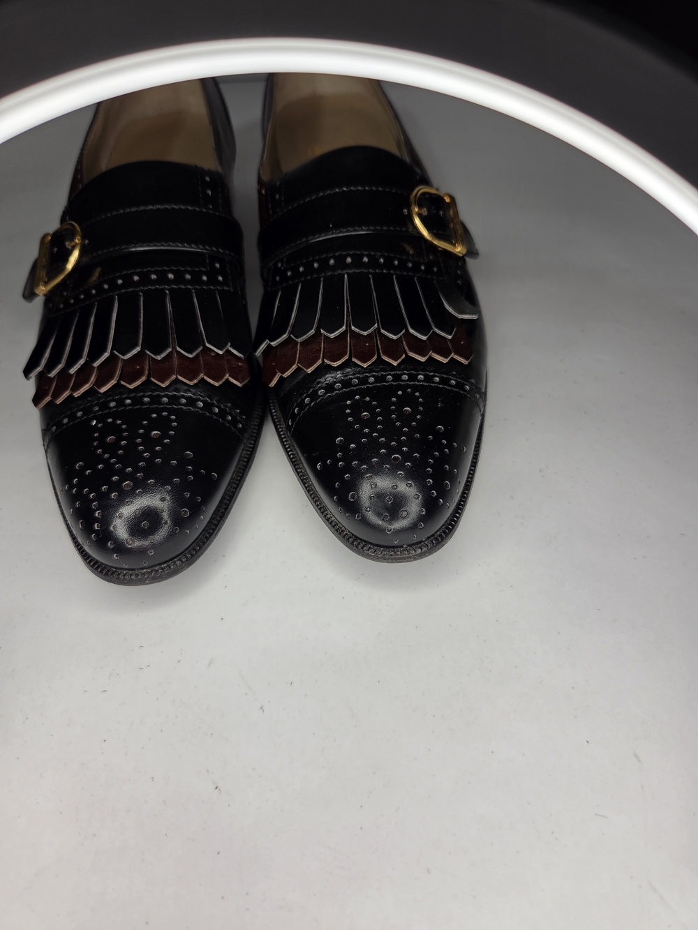 Vintage Salvatore Ferragamo Kiltie Monk Strap Loafers Black Burgudy Leather 7 4A - Picture 7 of 9